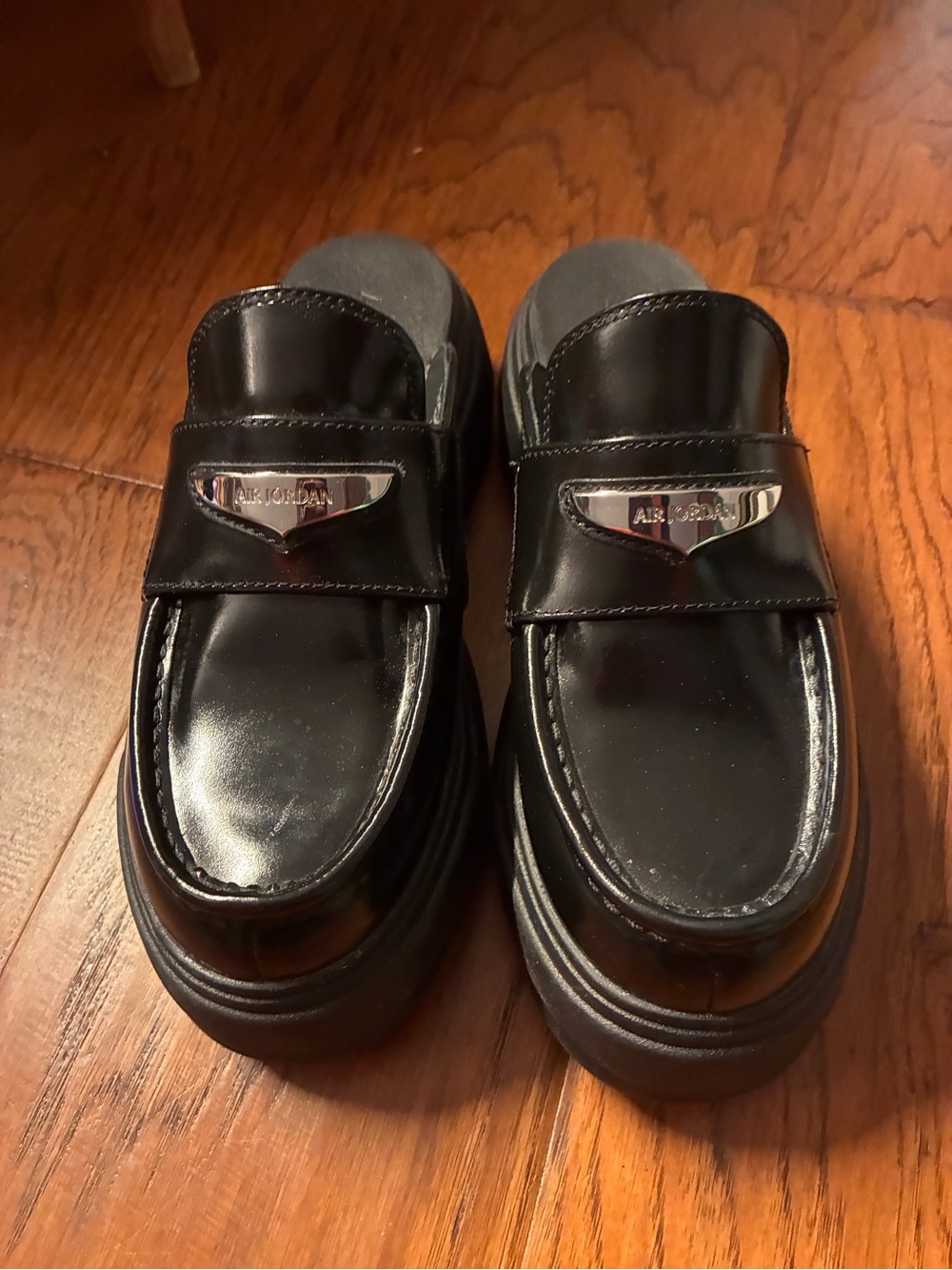 Jordan Black Patent Leather Slip-On Loafers with Silver Accent